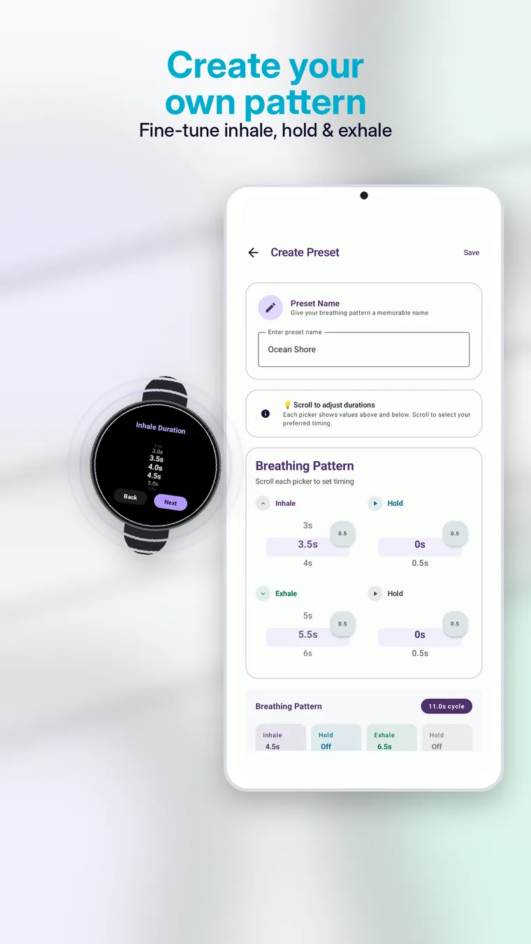 BreathFriend custom breathing pattern creator with inhale, hold and exhale controls