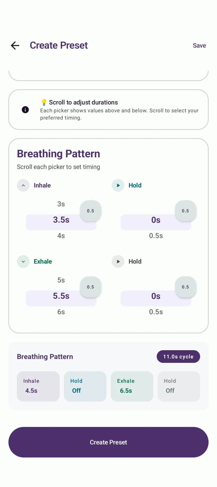 BreathFriend custom breathing pattern controls on Android