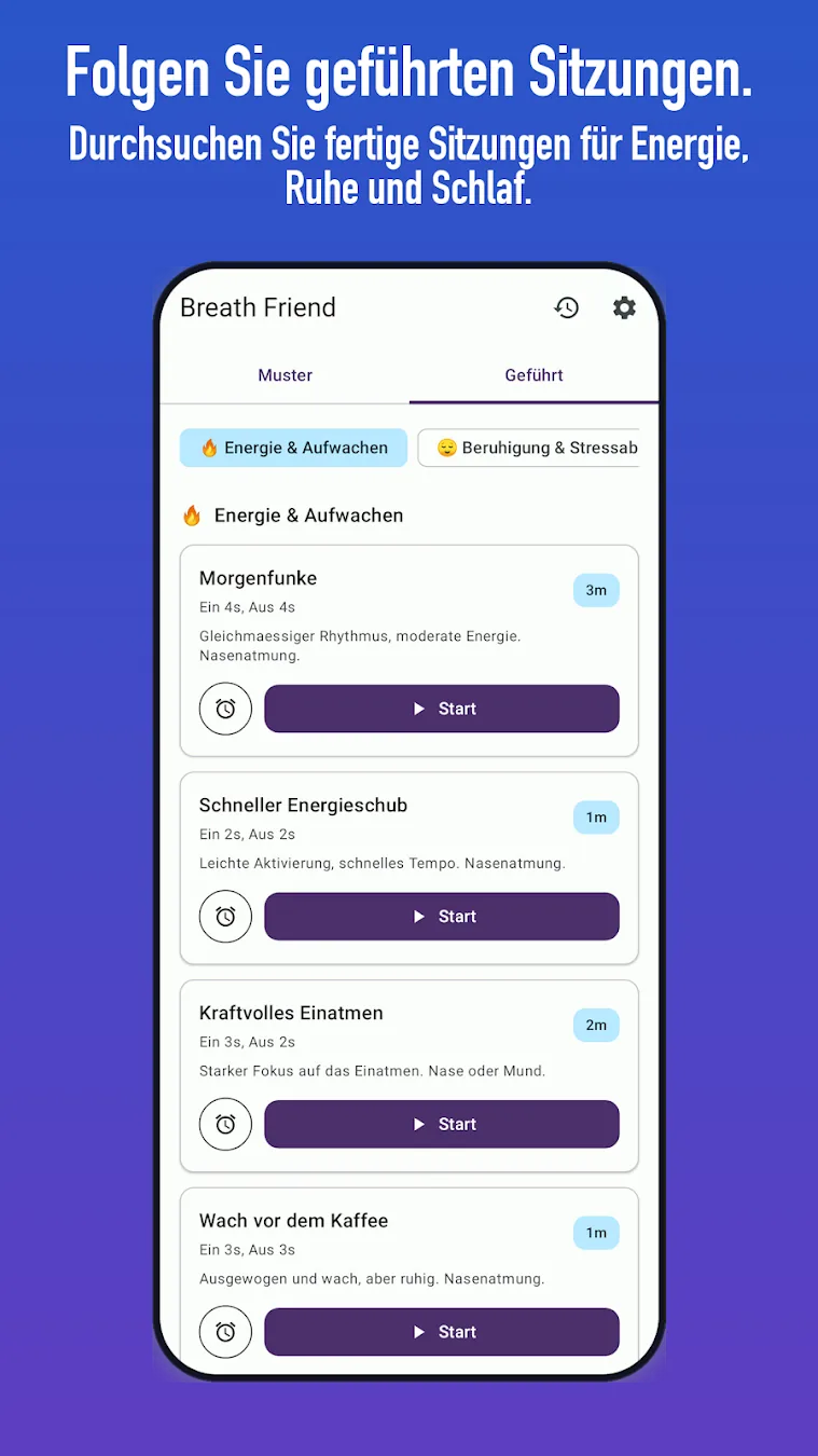 Bibliothek mit angeleiteten Atemübungen von BreathFriend für Android und Wear OS