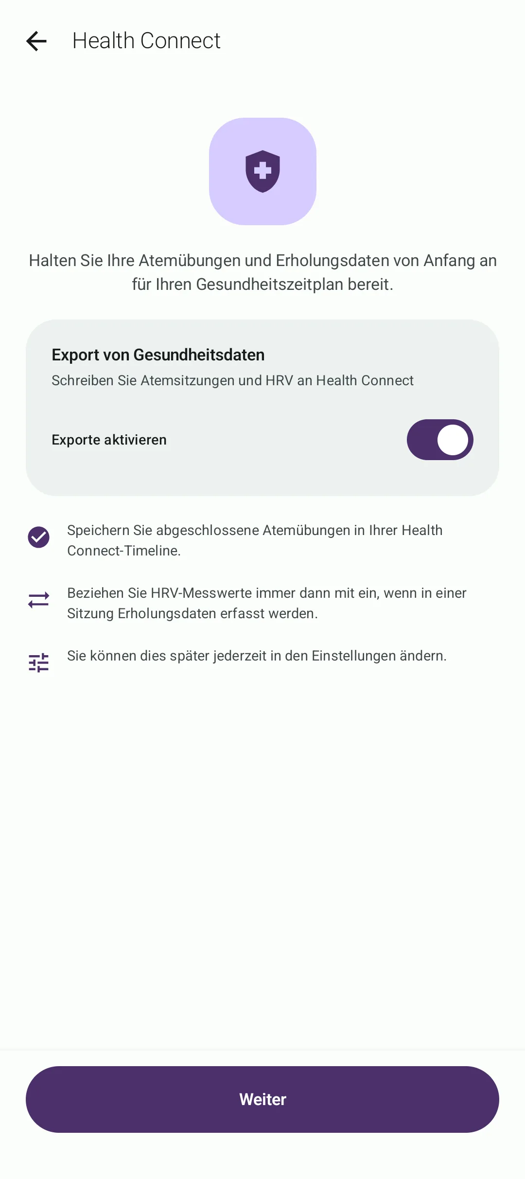 Einrichtungsbildschirm von BreathFriend für Health Connect