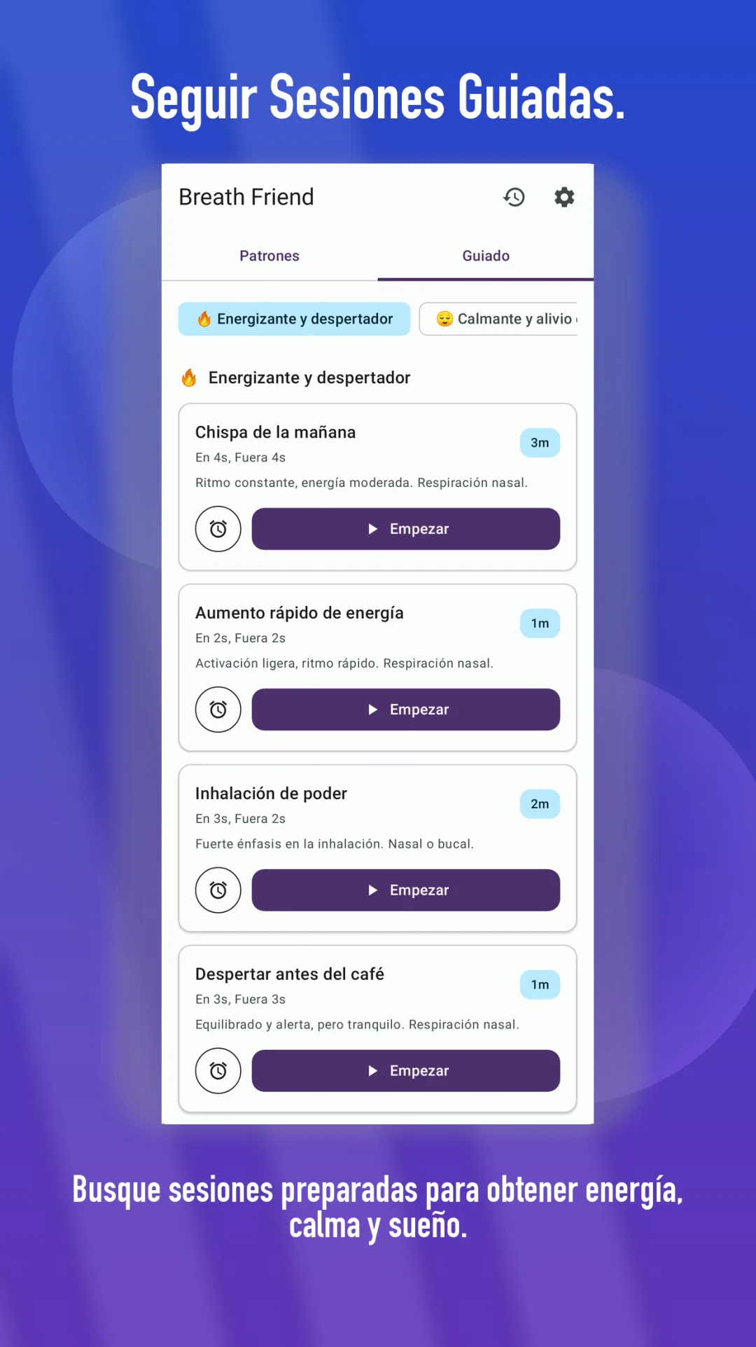 Opciones de respiración para dormir de BreathFriend en Android