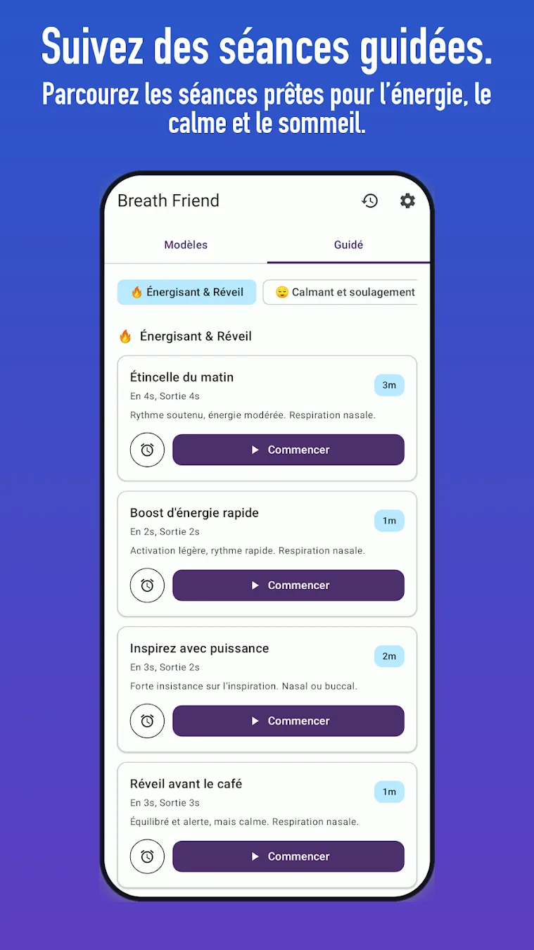Bibliothèque d’exercices de respiration guidée BreathFriend sur Android et Wear OS