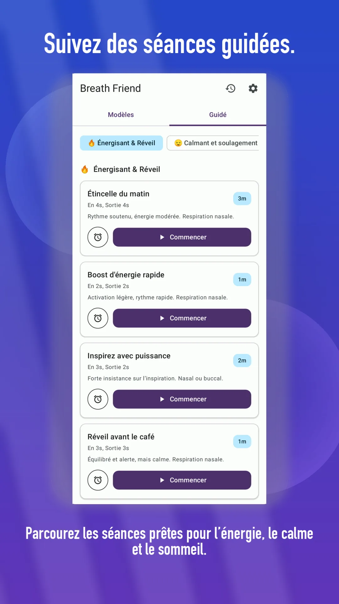 Options de respiration et de relaxation pour le sommeil dans BreathFriend sur Android