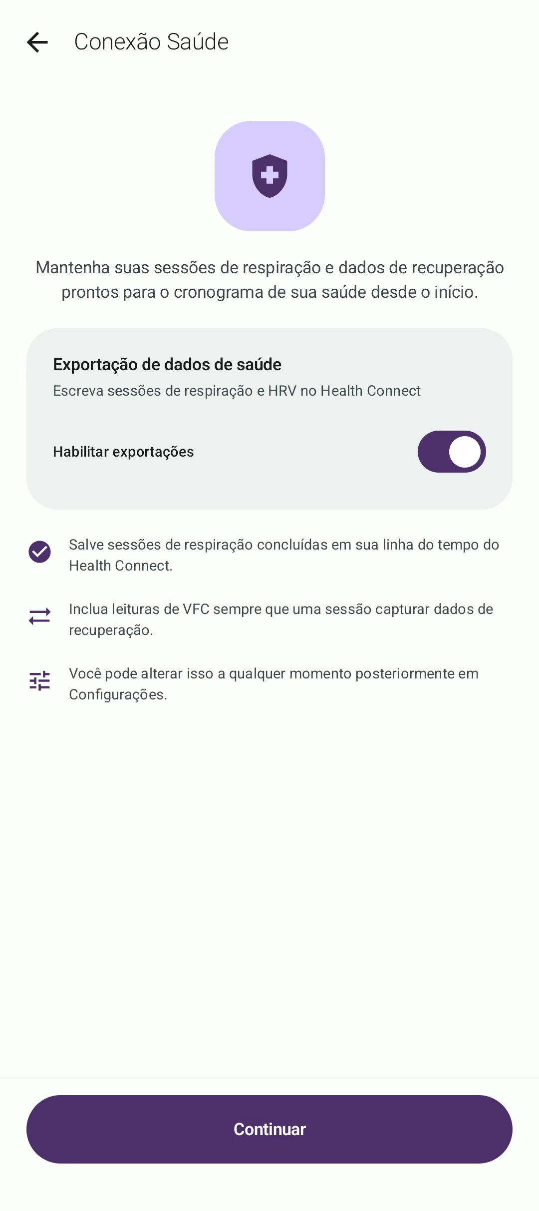 Tela de integração do BreathFriend com o Health Connect