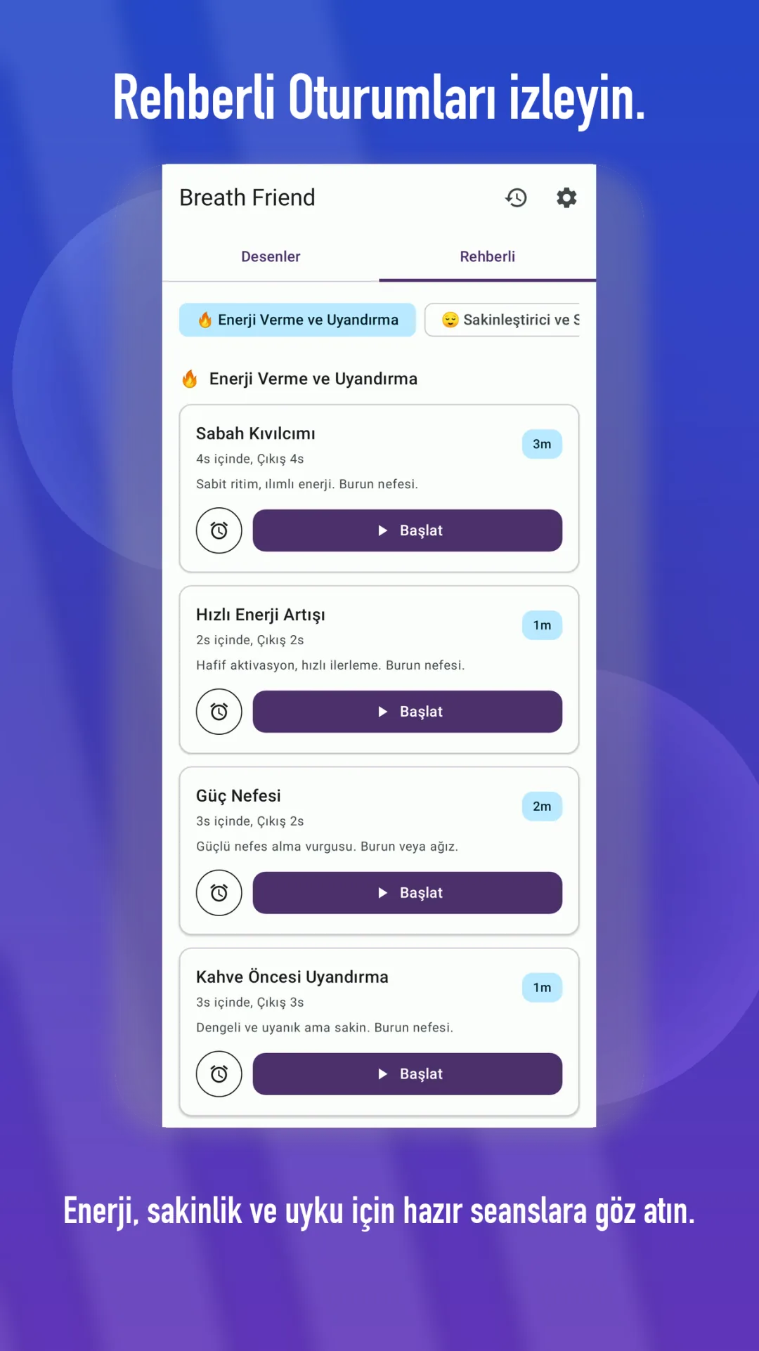 Android için BreathFriend uyku ve yatma öncesi nefes seçenekleri