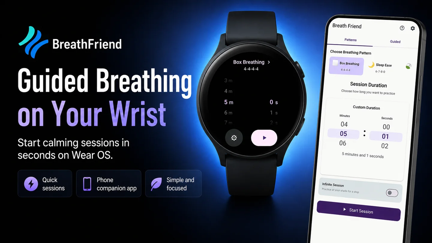 BreathFriend guided breathing on a Wear OS watch beside the Android companion app